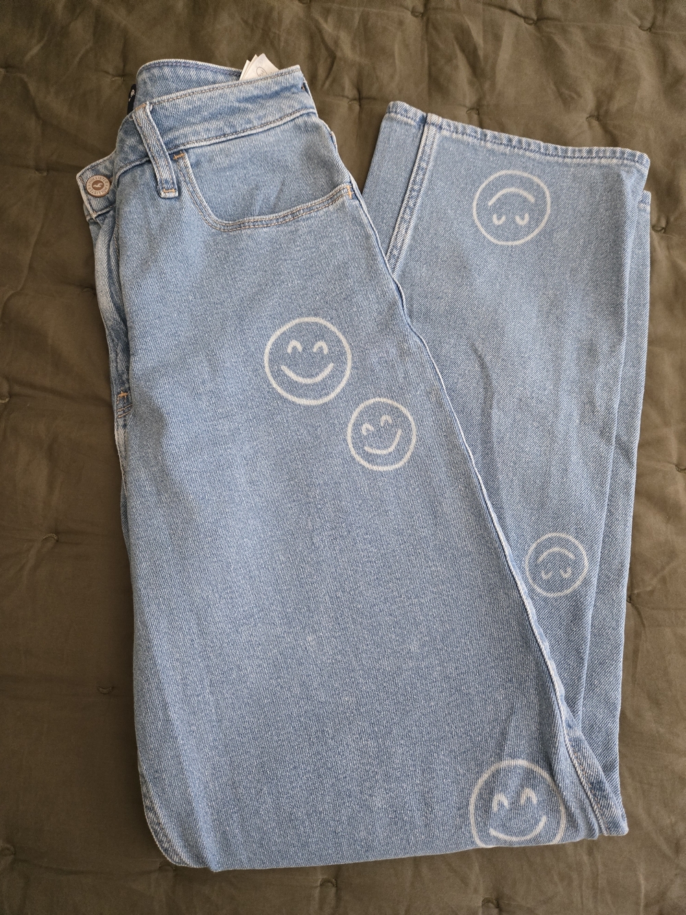 Hollister Light Blue Straight Leg Jeans with White Smiley Prints